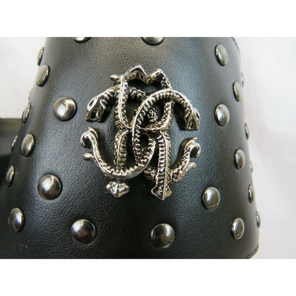 ROBERTO CAVALLI BLACK LEATHER SNAKE MEDALLION LOGO STUDS SANDAL 42.5 / 9.5 ITALY - Picture 3 of 8
